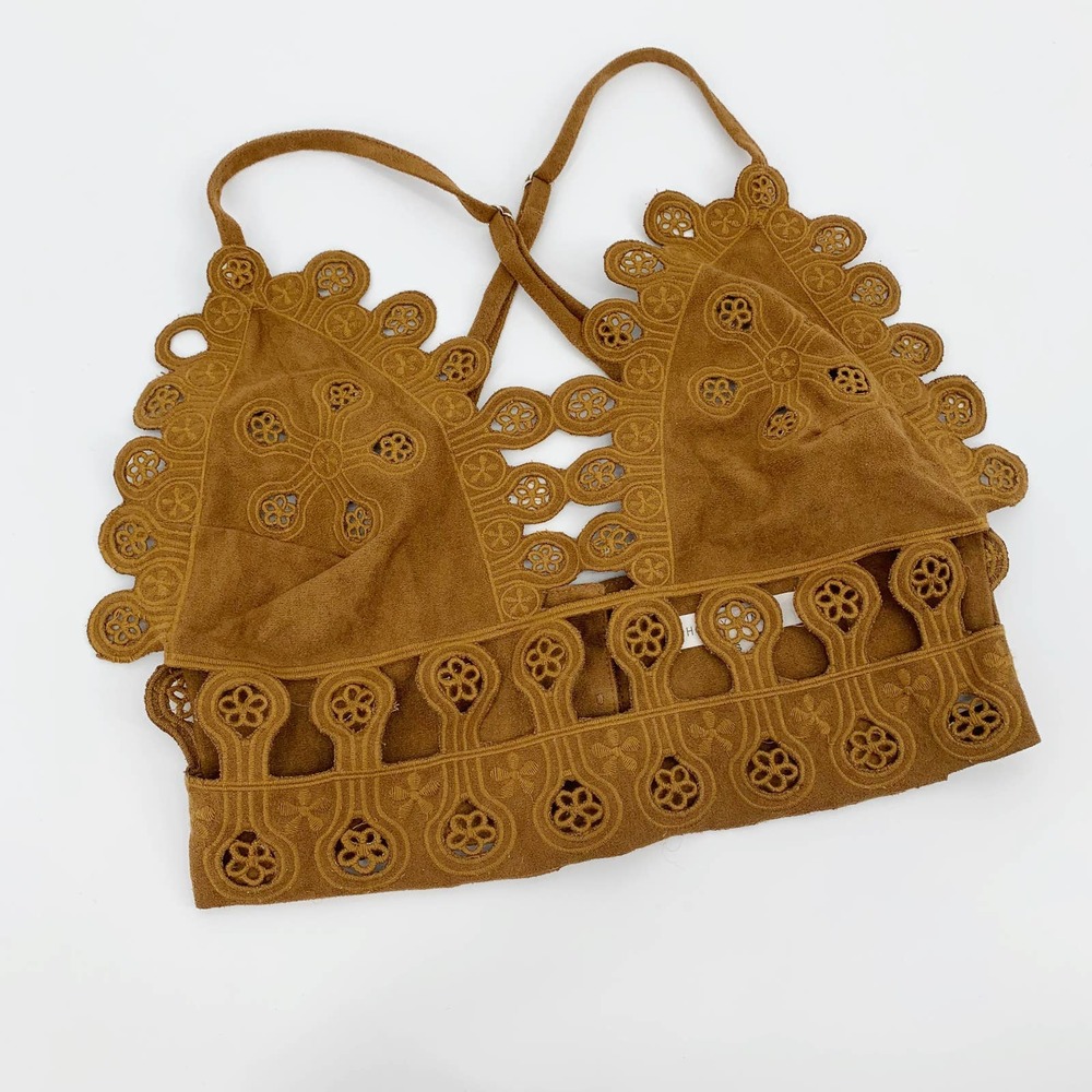 Honey Punch | Faux Suede Eyelet Cut Out Cross Back Bralette, S